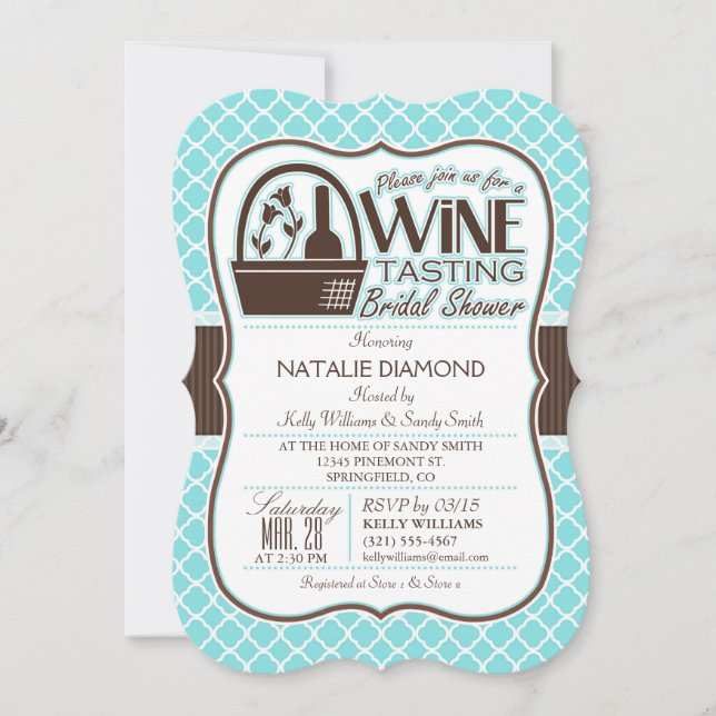 Invitación Degustación de vino; Ducha nupcial Aqua Quatrefoil (Anverso)