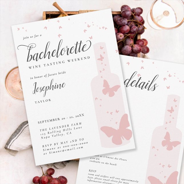 Invitación Degustación de vinos Romántica Fiesta de Bachelore (wine tasting bachelorette weekend itinerary invitation pink bottle butterflies elegant simple classy)