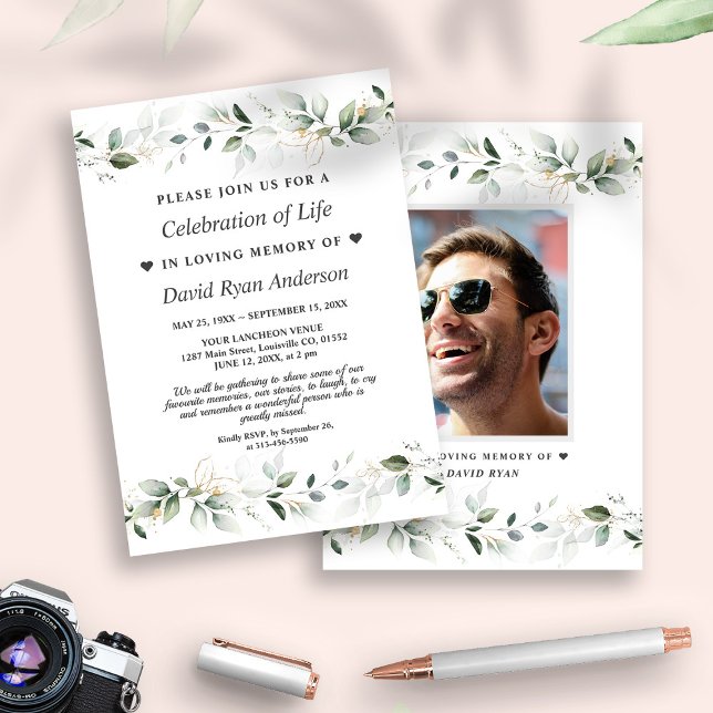 Invitación Deja la celebración del funeral de la vida (trendy greenery man celebrating the life invitation, elegant photo celebrating the life invite)