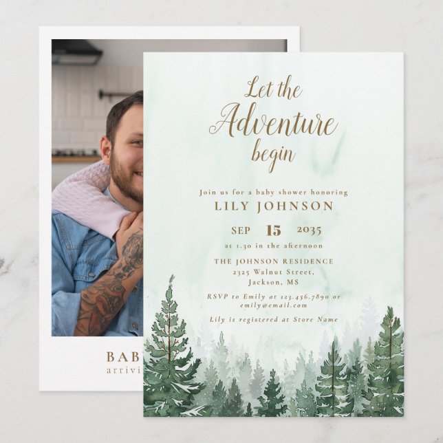 Invitación Deja que la aventura comience en el bosque Foto de (Anverso / Reverso)