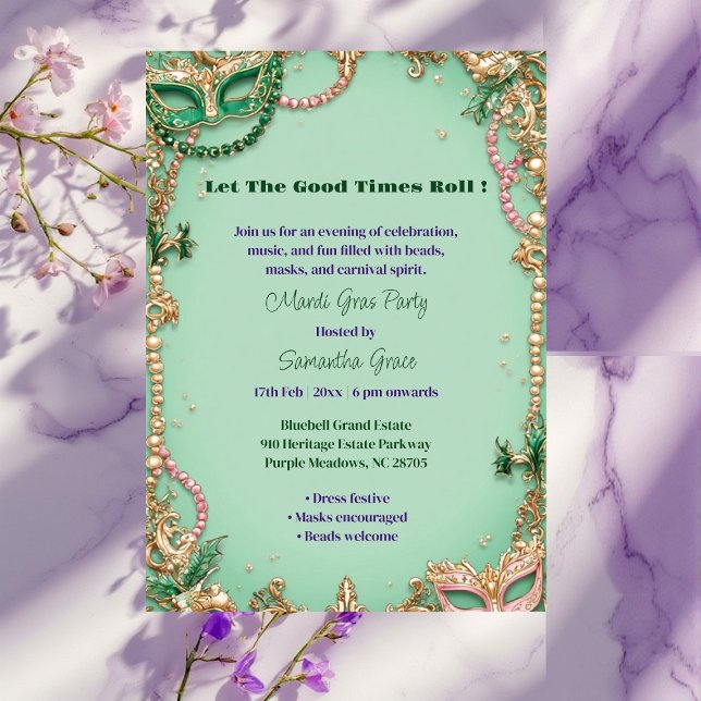 Invitación Deja que rueden los buenos tiempos Máscara de Mard (Let The Good Times Roll Mardi Gras Mask Beads Fun Invitation)