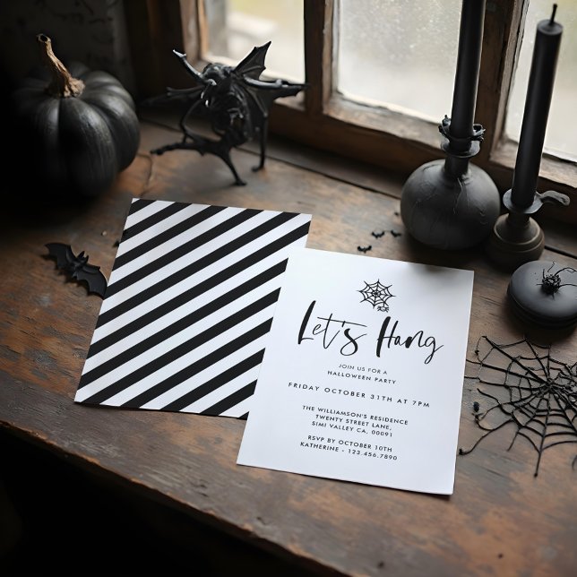 Invitación Dejar colgar la fiesta de halloween de araña mínim (Let Hang Black Minimal Spider Web Halloween Party Invitation)