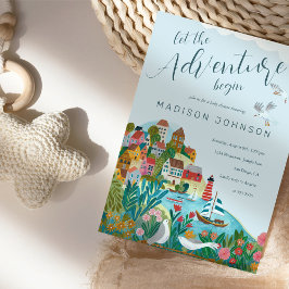 Invitación dejar que la aventura empiece niño fiesta de ducha