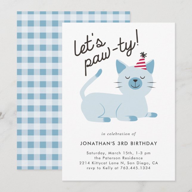 Invitación Dejemos a Pawty Cute Kitty Cat Blue Birday Party (Anverso / Reverso)