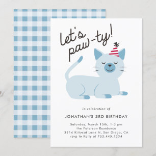 Invitación Dejemos a Pawty Cute Kitty Cat Blue Birday Party