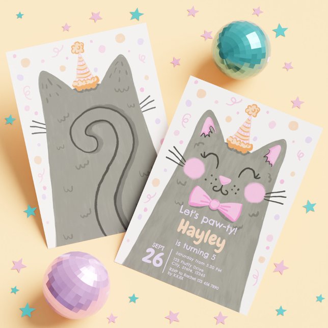 Invitación Dejemos a Pawty Gray Cute Kitty Cat Face Fiesta de (Lets Pawty Grey Cute Kitty Cat Face Birthday Party Invitation)