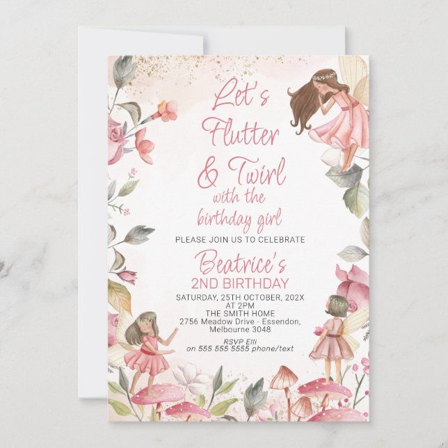 Invitación Dejemos que flutter y Twirl Floral Fairy Birday (Anverso)