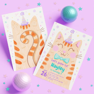 Invitación Dejemos que Pawty Cute Kitty Cat Face Kids Fiesta
