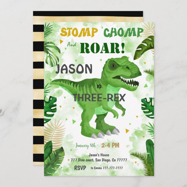Invitación ¡DEJEN DE CHOMP Y ROAR! Cumpleaños de los dinosaur (Anverso / Reverso)