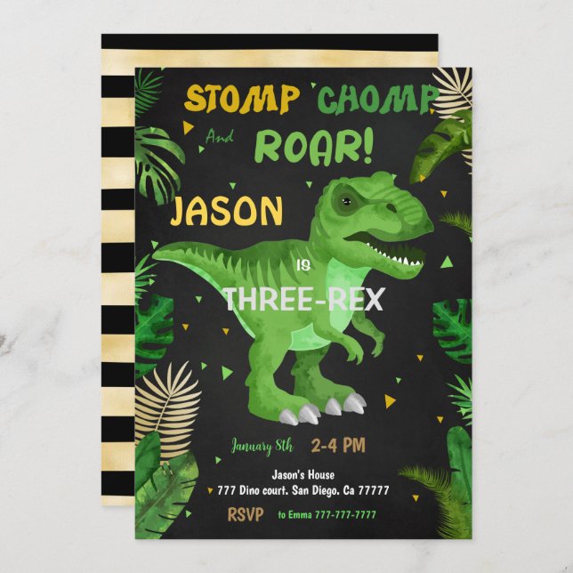 Invitación ¡DEJEN DE CHOMP Y ROAR! Cumpleaños de los dinosaur (Anverso / Reverso)