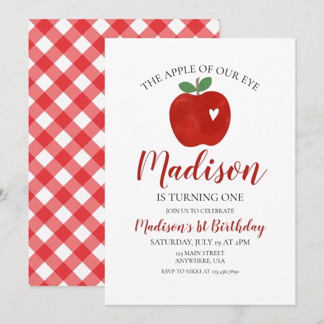 Invitación del 1er Cumpleaños Manzana de Nuestro O (Anverso / Reverso)