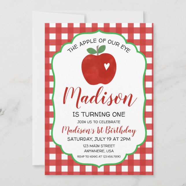 Invitación del 1er Cumpleaños Manzana de Nuestro O (Anverso)