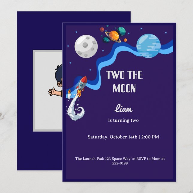 Invitación del 2º cumpleaños a la Luna Cohete Espa (Anverso / Reverso)
