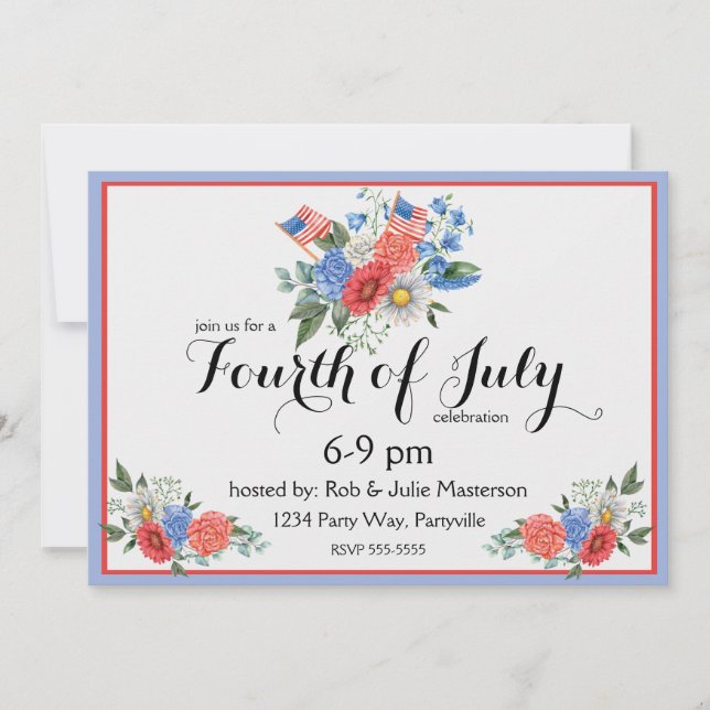 Invitación del 4 de julio de Floral rojo blanco y  (Anverso)