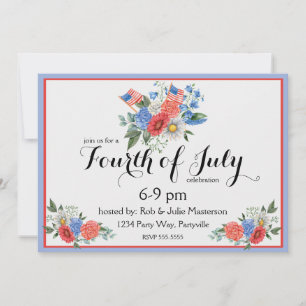 Invitación del 4 de julio de Floral rojo blanco y 