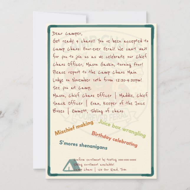 Invitación del 4to Cumpleaños de Camp Chaos: Por S (Anverso)