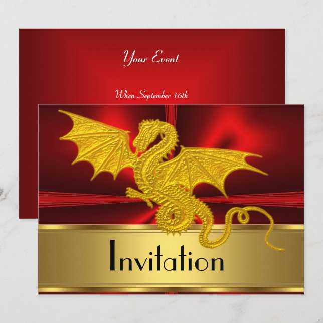Invitación del Año del Dragón Rojo Dorado (Anverso / Reverso)