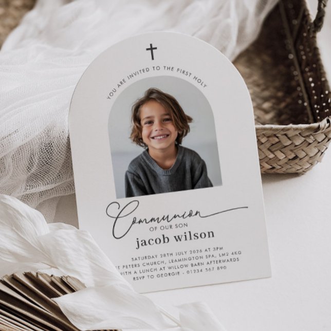 Invitación del Arco de Niño de la Primera Comunión (Zazzle Photo First Communion Boy Arch Invitation)