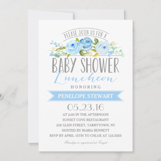 Invitación del azul el | Baby Shower del alumerzo (Anverso)