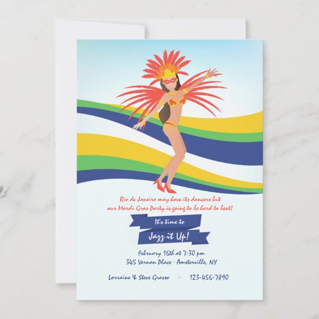 Invitación del bailarín de carnaval Mardi Gras (Anverso)