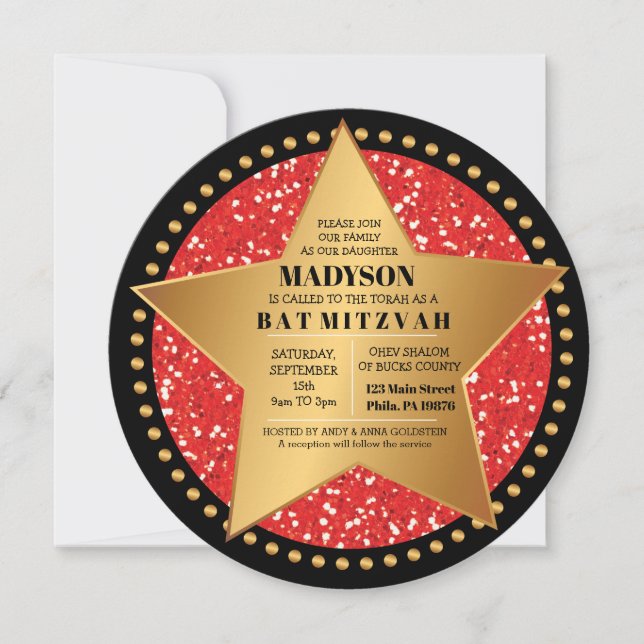 Invitación del Bat Mitzvah del bar rojo HOLLYWOOD  (Anverso)