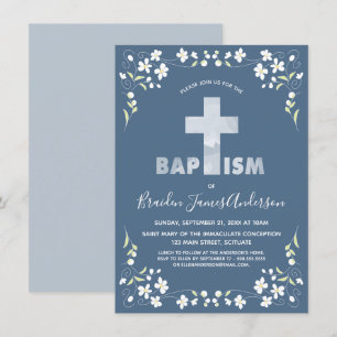 Invitación del bautismo del muchacho - azul, cruz