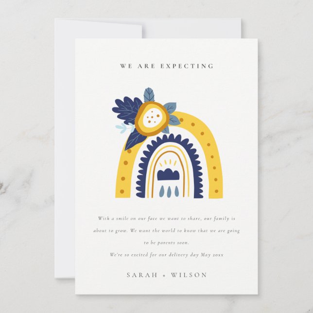 Invitación del bebé arcoiris floral amarillo boho  (Anverso)