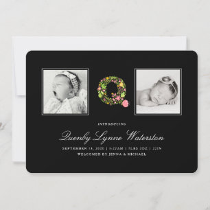 Invitación DEL BEBÉ DE FOTOS   Alfabeto floral Q