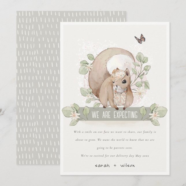 Invitación del bebé de la ardilla floral de Woodla (Anverso / Reverso)