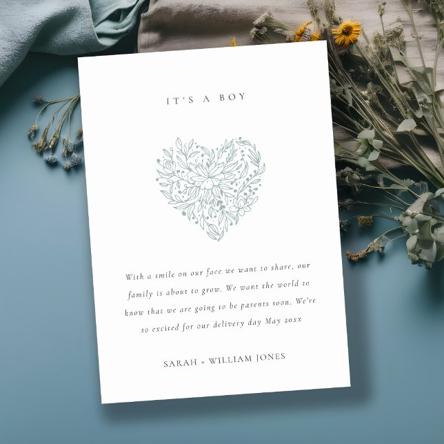 Invitación del bebé Dusky Blue Floral Heart (Subido por el creador)