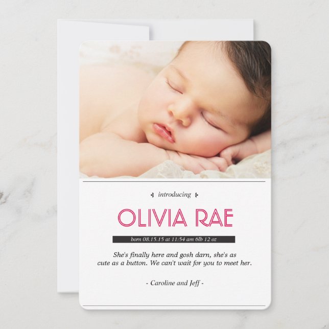 Invitación del bebé en negro, blanco y rosa (Anverso)