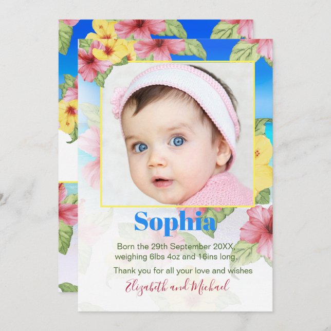 Invitación del bebé Foto Playa Floral Tropical (Anverso / Reverso)