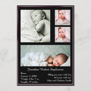 Invitación del bebé fotograma múltiple negro y ros