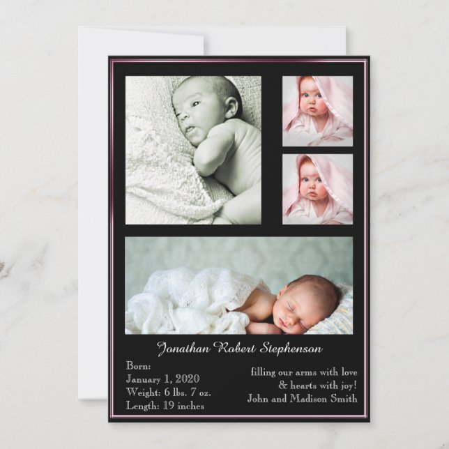 Invitación del bebé fotograma múltiple negro y ros (Anverso)