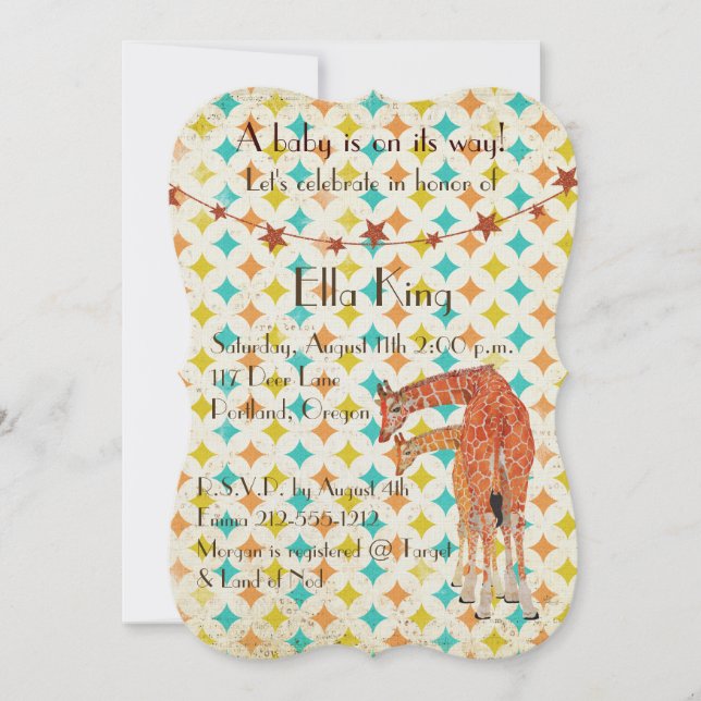 Invitación del bebé retro de jirafas (Anverso)