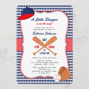 Invitación del beisbol Baby Shower Blue Red Gingha