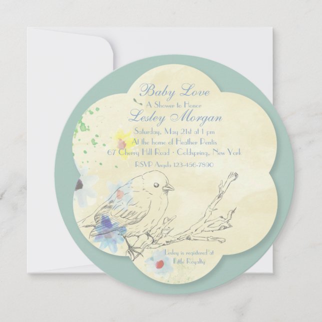 Invitación del BL Baby Shower del pájaro de bebé (Anverso)
