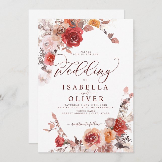 Invitación del Boda BohoTerracotta, Naranja quemad (Anverso / Reverso)