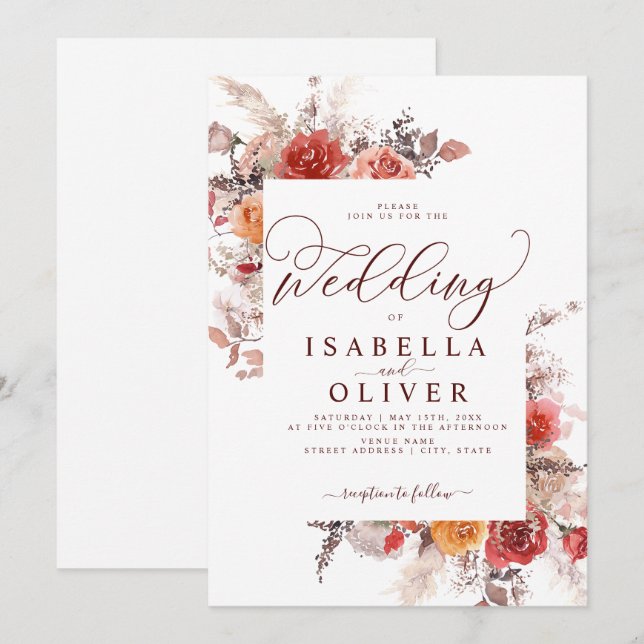 Invitación del Boda BohoTerracotta, Naranja rojizo (Anverso / Reverso)