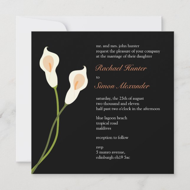 Invitación del Boda Calla Lilies Blanco- negro (Anverso)