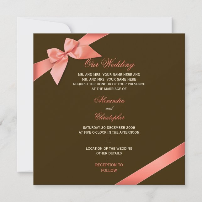Invitación del Boda de cinta roja coral 2 (Anverso)