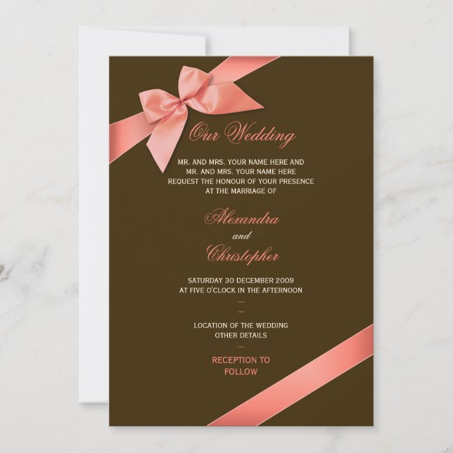 Invitación del Boda de cinta roja coral 2 (Anverso)