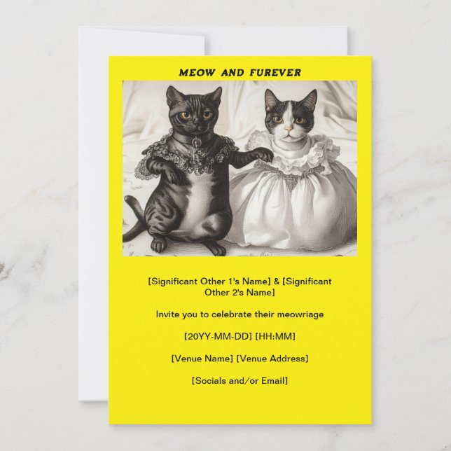 Invitación Del Boda De Gatos Amarillos Meow Y Fure (Anverso)