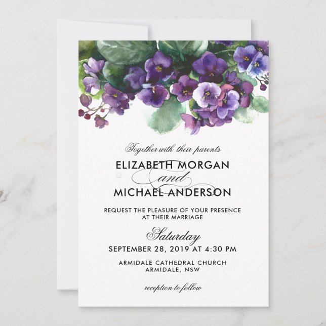 Invitación del boda de la flor de la viola (Anverso)