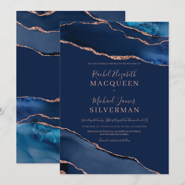 Invitación del Boda de la Marina Rosa azul de oro  (Anverso / Reverso)