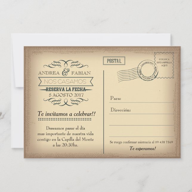 Invitación del boda de la postal con la foto en (Reverso)