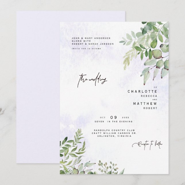 Invitación del Boda de Lavanda Dreamy Foliage (Anverso / Reverso)