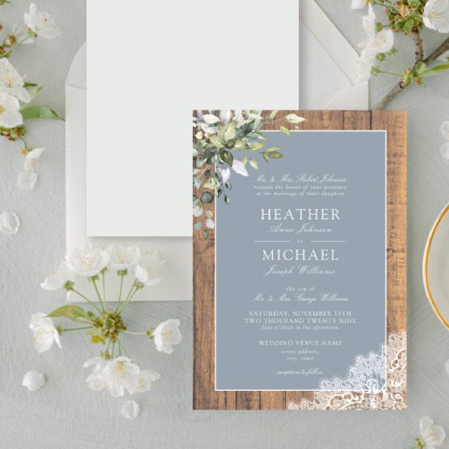 Invitación del Boda de madera botánica Dusty Blue  (Subido por el creador)