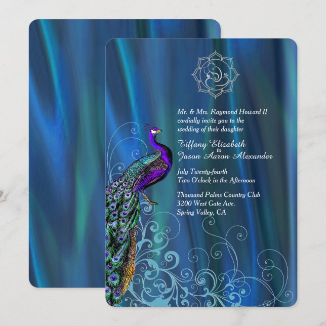 Invitación del Boda de satén azul y pavo real de m (Anverso / Reverso)
