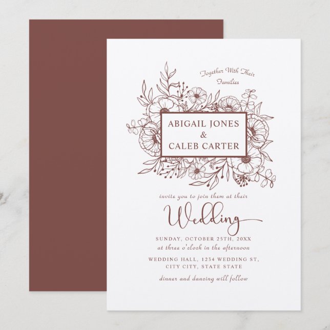 Invitación del Boda de sketch floral de papel Kraf (Anverso / Reverso)